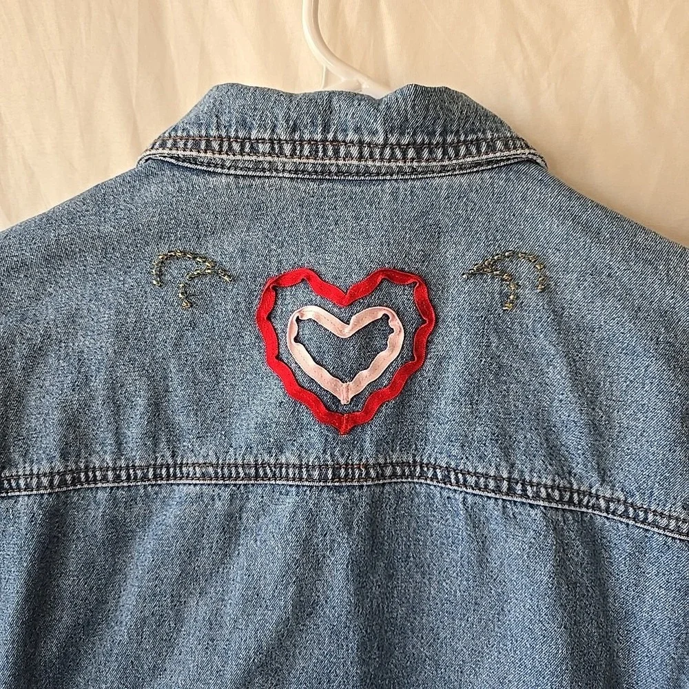 Crystal Kobe Denim Jacket With Fabric & Beaded Heart Designs Button-Up Size S‎